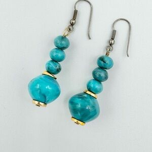 Turquoise Pebble Marbled Gold Tone Drop Earrings